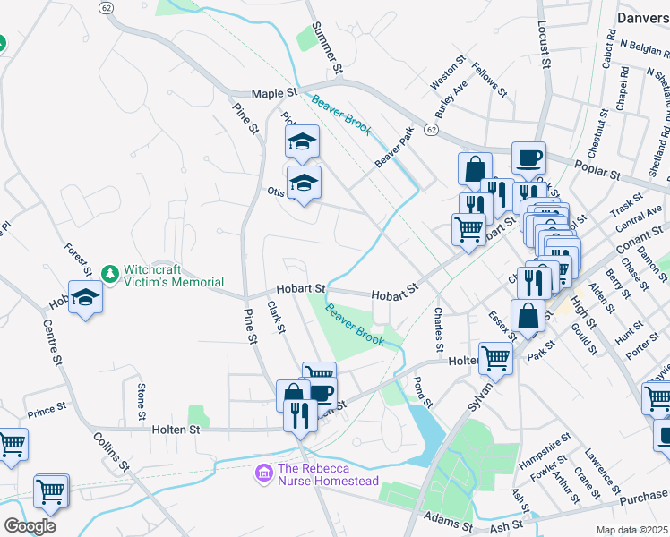 map of restaurants, bars, coffee shops, grocery stores, and more near 81 Hobart Street in Danvers