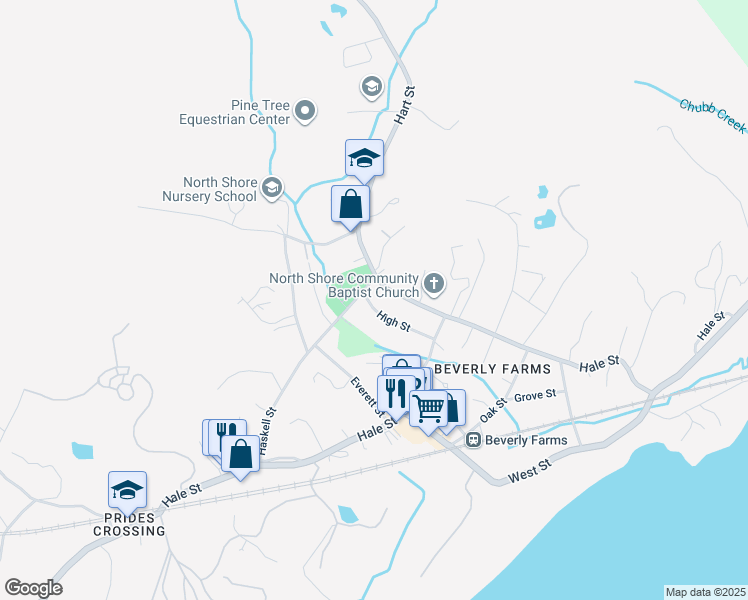 map of restaurants, bars, coffee shops, grocery stores, and more near 21 High Street in Beverly