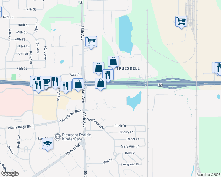 map of restaurants, bars, coffee shops, grocery stores, and more near 8501 75th Street in Kenosha