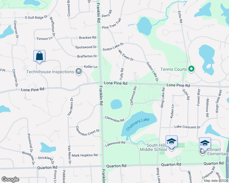 map of restaurants, bars, coffee shops, grocery stores, and more near 5080 Cliffwood Road in Bloomfield Hills