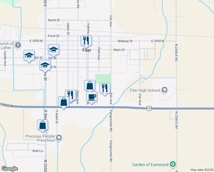 map of restaurants, bars, coffee shops, grocery stores, and more near 800 Fair Avenue in Filer