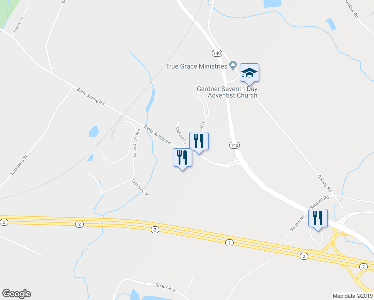 map of restaurants, bars, coffee shops, grocery stores, and more near 607 Betty Spring Road in Gardner
