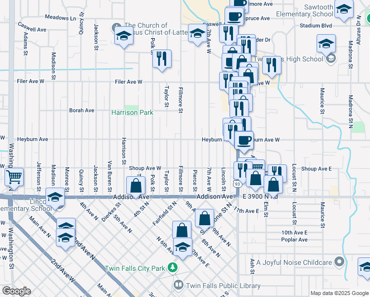 map of restaurants, bars, coffee shops, grocery stores, and more near 226 Fillmore Street in Twin Falls