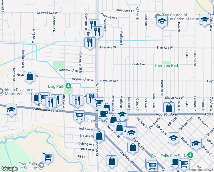 map of restaurants, bars, coffee shops, grocery stores, and more near 159 Heyburn Avenue in Twin Falls