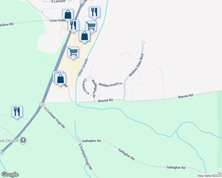 map of restaurants, bars, coffee shops, grocery stores, and more near 948 Walden Pond Lane in Cortland