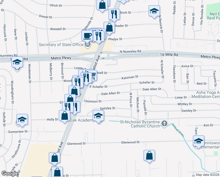 map of restaurants, bars, coffee shops, grocery stores, and more near 22510 Katzman Street in Clinton Township