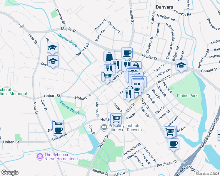 map of restaurants, bars, coffee shops, grocery stores, and more near 10 Hobart Street in Danvers