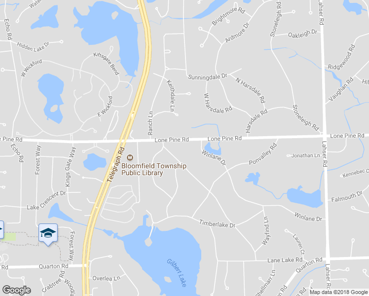 map of restaurants, bars, coffee shops, grocery stores, and more near 1001 Lone Pine Road in Bloomfield Hills