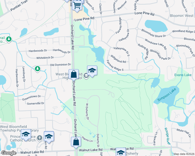 map of restaurants, bars, coffee shops, grocery stores, and more near 4925 Orchard Lake Road in West Bloomfield Township