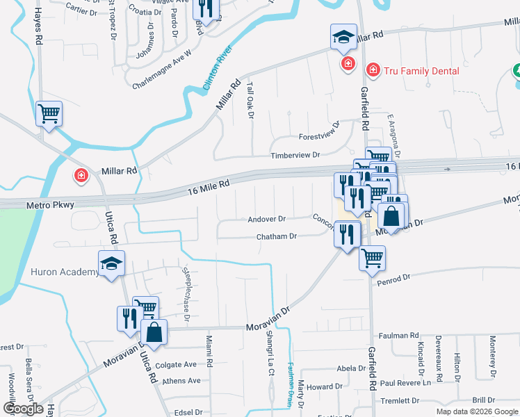 map of restaurants, bars, coffee shops, grocery stores, and more near 36778 Nantucket Court in Clinton Township