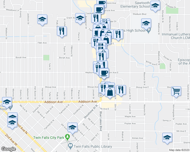 map of restaurants, bars, coffee shops, grocery stores, and more near 276 Lincoln Street in Twin Falls