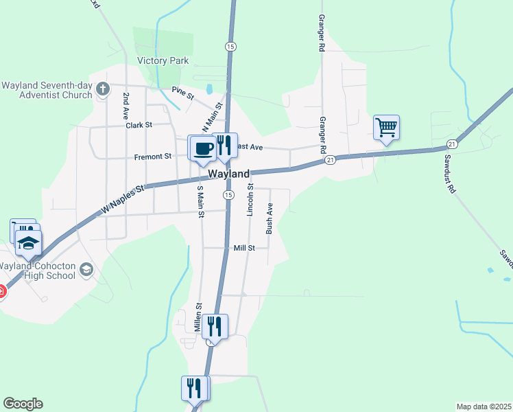 map of restaurants, bars, coffee shops, grocery stores, and more near 9 Shults Street in Wayland