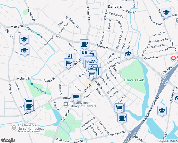 map of restaurants, bars, coffee shops, grocery stores, and more near 1A School Street in Danvers