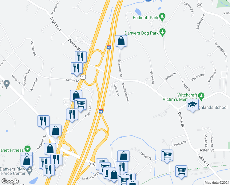 map of restaurants, bars, coffee shops, grocery stores, and more near 130 Centre Street in Danvers