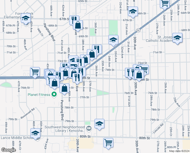 map of restaurants, bars, coffee shops, grocery stores, and more near 3604 75th Street in Kenosha