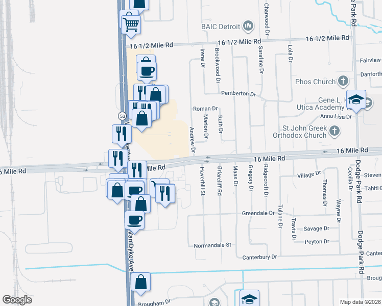 map of restaurants, bars, coffee shops, grocery stores, and more near 37071 Andrew Drive in Sterling Heights