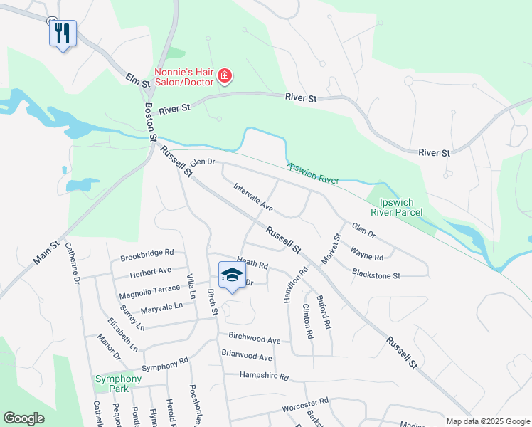 map of restaurants, bars, coffee shops, grocery stores, and more near 1 Gates Road in Peabody