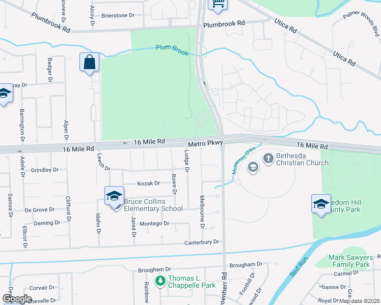 map of restaurants, bars, coffee shops, grocery stores, and more near 36884 Lodge Drive in Sterling Heights