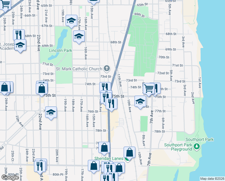 map of restaurants, bars, coffee shops, grocery stores, and more near 7309 Sheridan Road in Kenosha