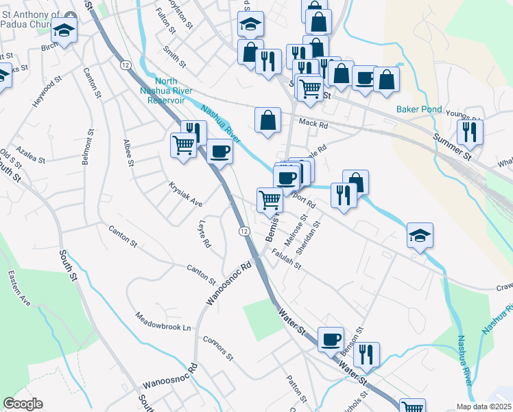 map of restaurants, bars, coffee shops, grocery stores, and more near 60 Duck Mill Road in Fitchburg