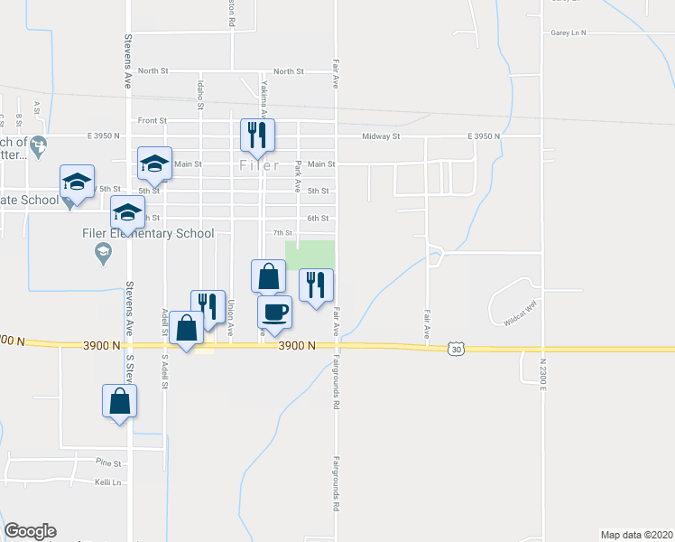 map of restaurants, bars, coffee shops, grocery stores, and more near 753 Fairgrounds Road in Filer