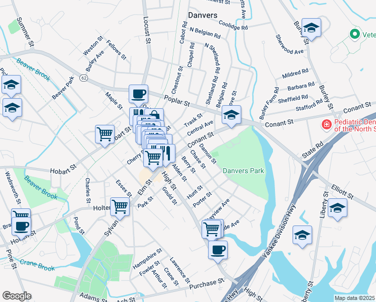 map of restaurants, bars, coffee shops, grocery stores, and more near 25 Conant Street in Danvers