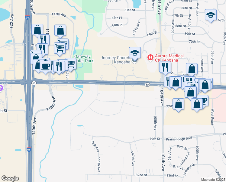 map of restaurants, bars, coffee shops, grocery stores, and more near 10927 75th Street in Kenosha