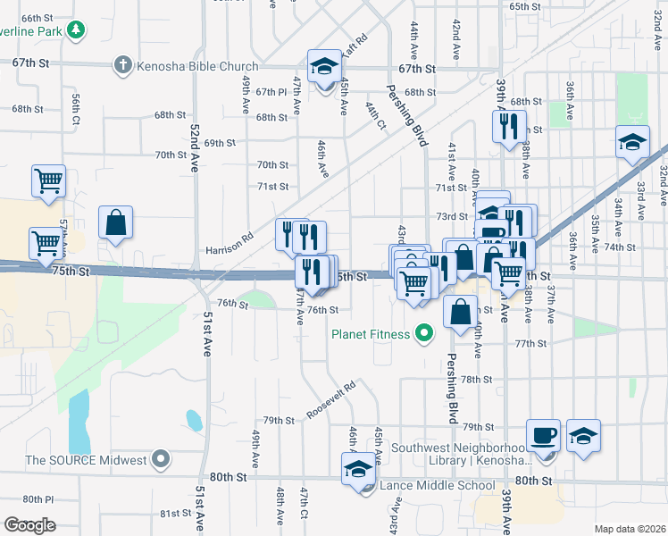 map of restaurants, bars, coffee shops, grocery stores, and more near 4609 74th Place in Kenosha
