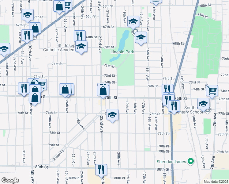 map of restaurants, bars, coffee shops, grocery stores, and more near 2022 74th Place in Kenosha