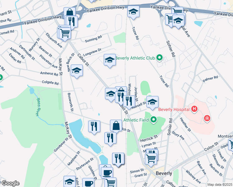 map of restaurants, bars, coffee shops, grocery stores, and more near 4 Roosevelt Avenue in Beverly
