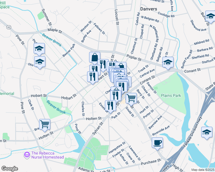 map of restaurants, bars, coffee shops, grocery stores, and more near 5 Charter Street in Danvers