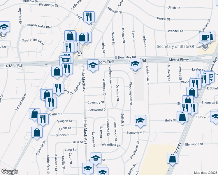 map of restaurants, bars, coffee shops, grocery stores, and more near 36606 Ledgestone Street in Clinton Township