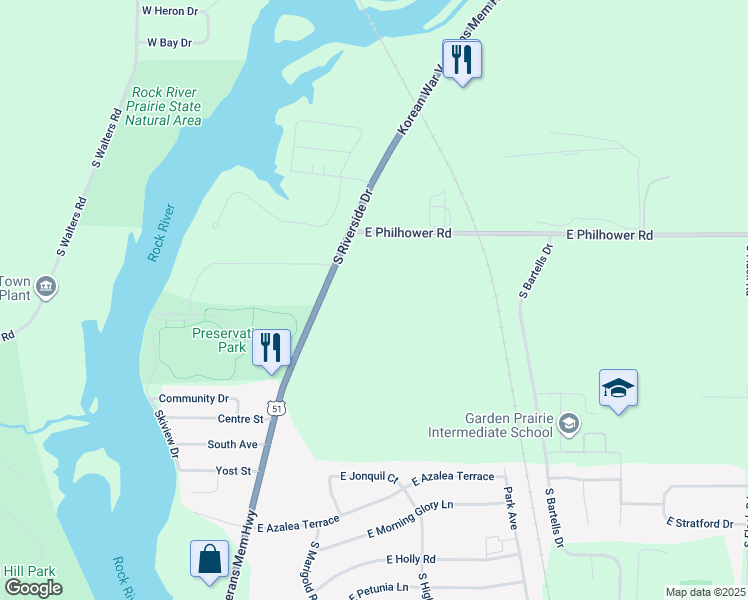 map of restaurants, bars, coffee shops, grocery stores, and more near 3457 South Riverside Drive in Beloit