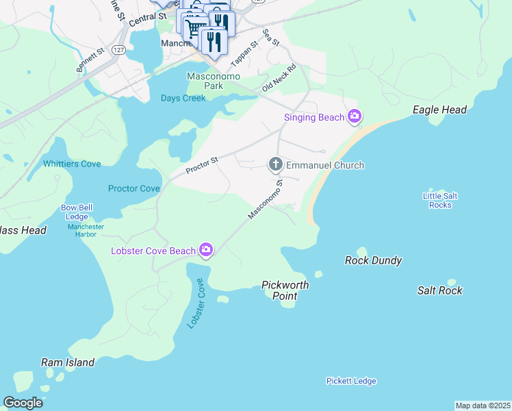 map of restaurants, bars, coffee shops, grocery stores, and more near 27 Masconomo Street in Manchester-by-the-Sea