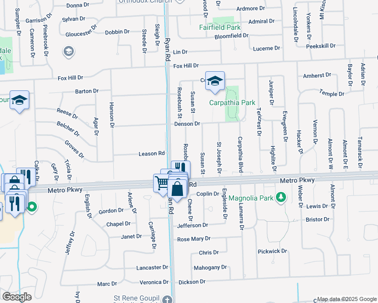 map of restaurants, bars, coffee shops, grocery stores, and more near in Sterling Heights