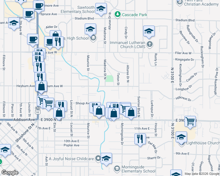 map of restaurants, bars, coffee shops, grocery stores, and more near 1813 Heyburn Avenue East in Twin Falls