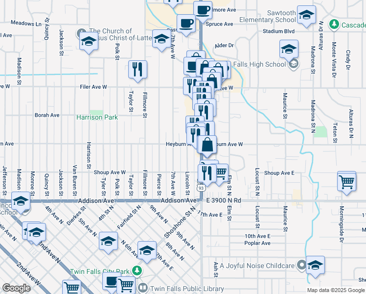 map of restaurants, bars, coffee shops, grocery stores, and more near 306 Terrace Drive in Twin Falls