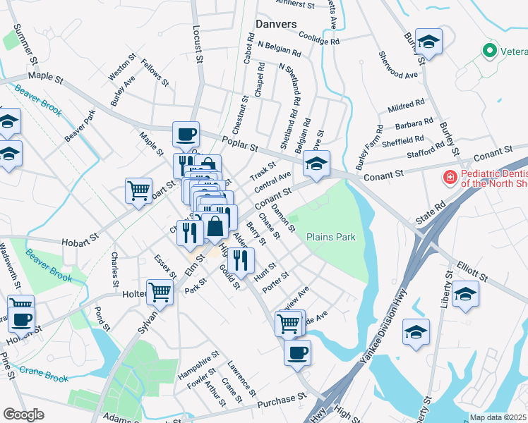 map of restaurants, bars, coffee shops, grocery stores, and more near 40 Franklin Street in Danvers