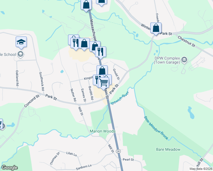 map of restaurants, bars, coffee shops, grocery stores, and more near 333 Park Street in North Reading