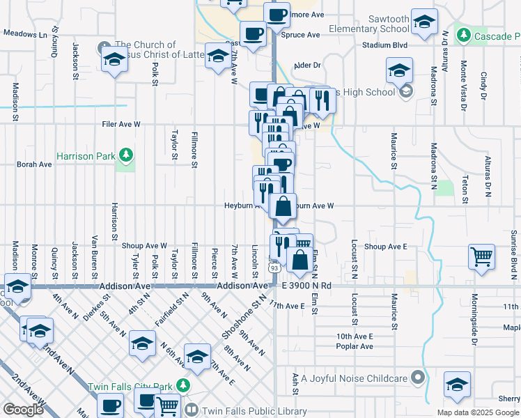 map of restaurants, bars, coffee shops, grocery stores, and more near 290 Lincoln Street in Twin Falls
