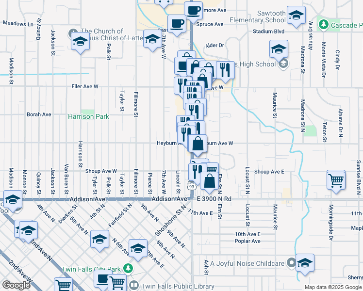 map of restaurants, bars, coffee shops, grocery stores, and more near 290 Lincoln Street in Twin Falls