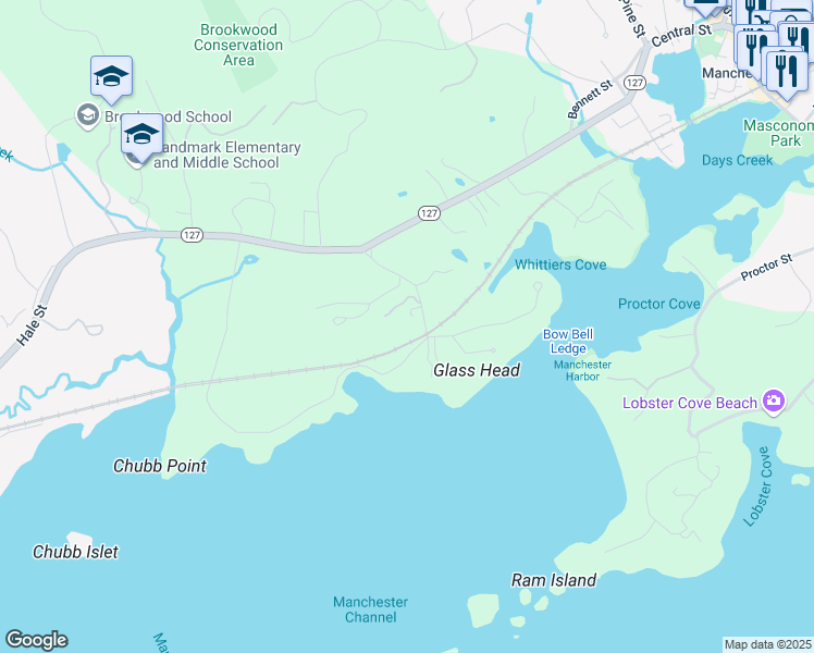 map of restaurants, bars, coffee shops, grocery stores, and more near 40 Harbor Street in Manchester-by-the-Sea