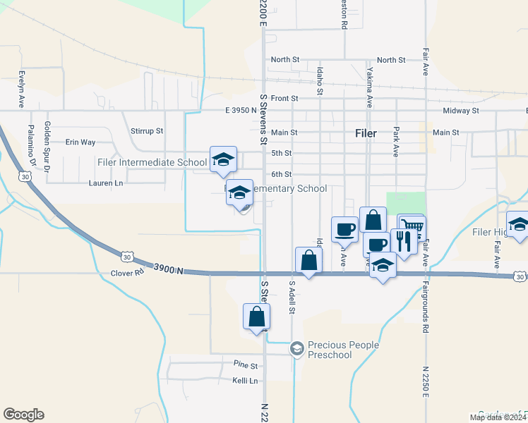 map of restaurants, bars, coffee shops, grocery stores, and more near 700 Stevens Avenue in Filer
