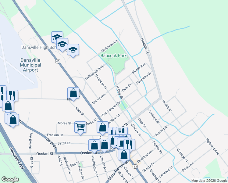 map of restaurants, bars, coffee shops, grocery stores, and more near 22 Morey Avenue in Dansville