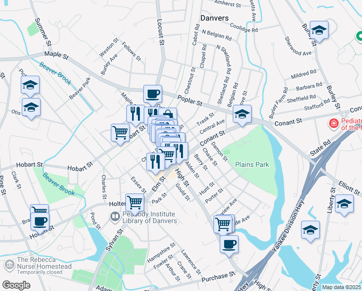 map of restaurants, bars, coffee shops, grocery stores, and more near 13 Cottage Avenue in Danvers