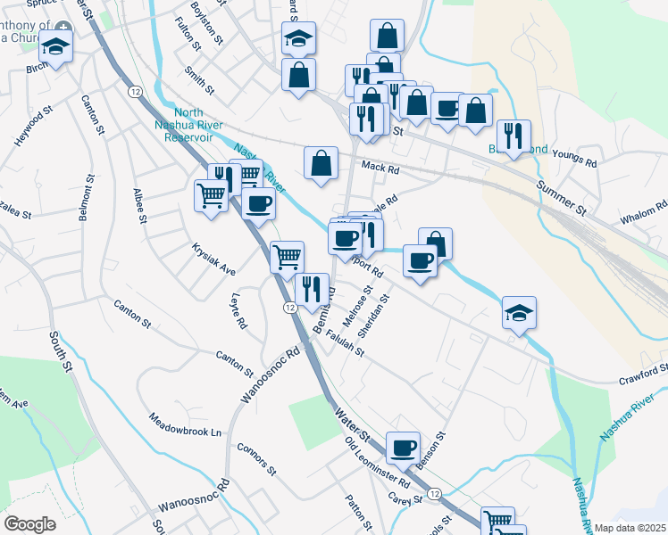 map of restaurants, bars, coffee shops, grocery stores, and more near 116 Bemis Road in Fitchburg