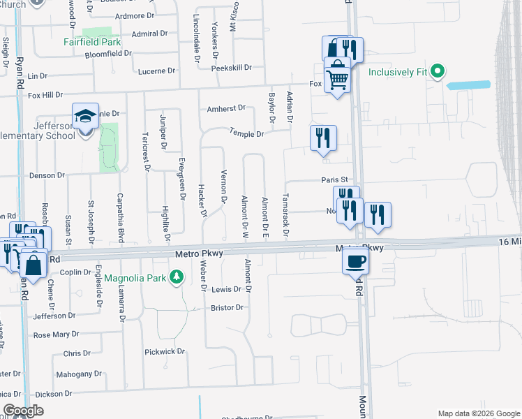 map of restaurants, bars, coffee shops, grocery stores, and more near 37148 Almont Drive West in Sterling Heights