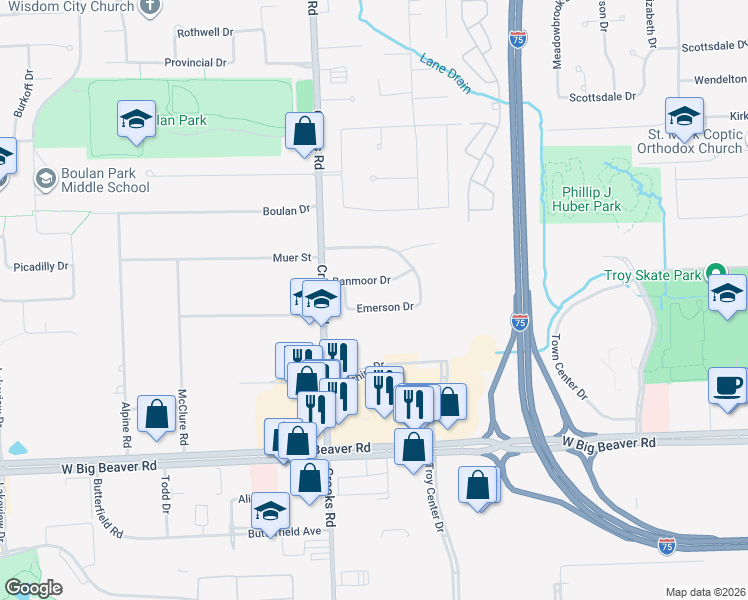 map of restaurants, bars, coffee shops, grocery stores, and more near 963 Banmoor Drive in Troy