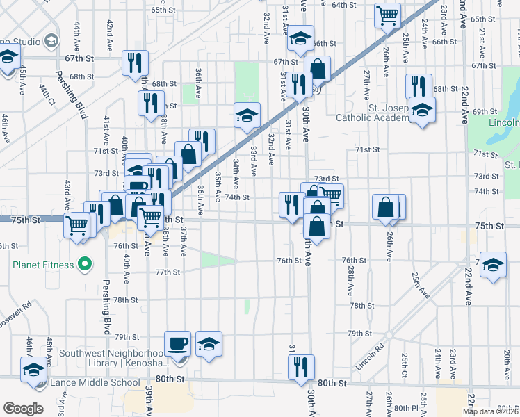 map of restaurants, bars, coffee shops, grocery stores, and more near 3205 74th Street in Kenosha