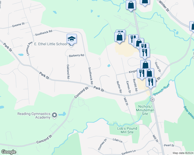 map of restaurants, bars, coffee shops, grocery stores, and more near 3 Shay Lane in North Reading